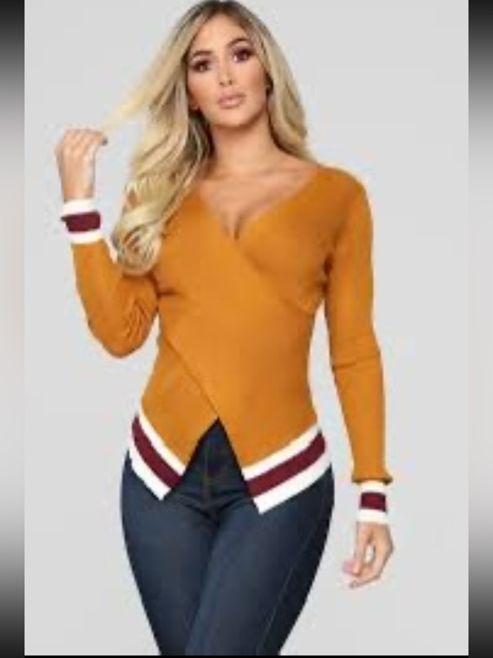 Say What? Mustard V-Neck Wrap Ribbed Sweater with Contrast Trim